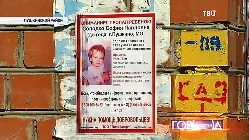Объявление о пропаже двухгодовалой Софии Солодко