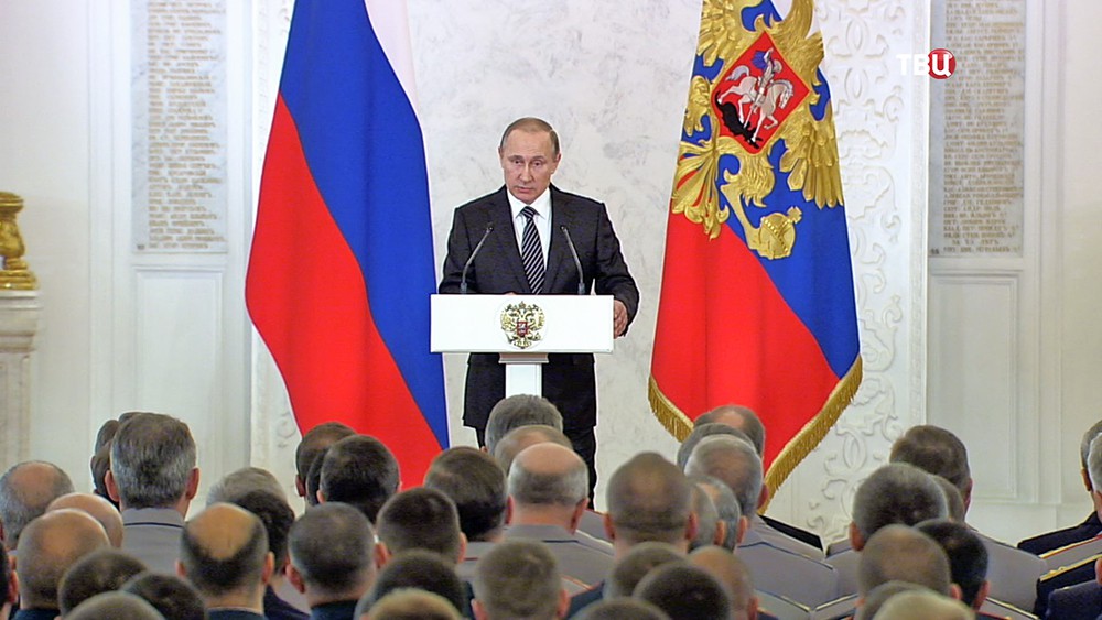 Президент России Владимир Путин на торжественной встрече с военнослужащими Вооружённых Сил России