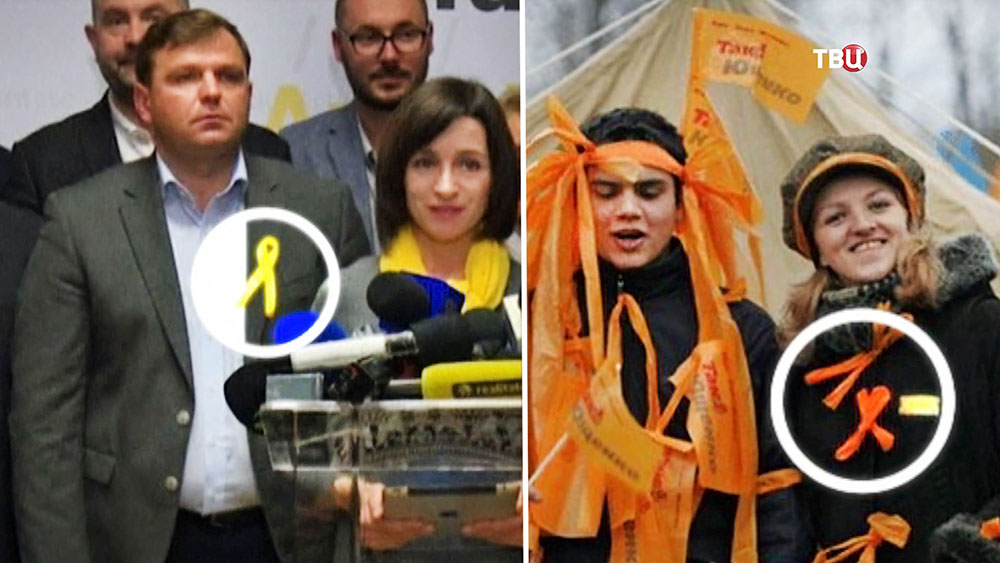 Лидер проевропейской партии Молдовы Майя Санду и фотография активистов на Майдане Незалежности на Украине
