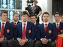 Игроки сборной России Алексей Емелин, Алексей Береглазов, Виктор Антипин (слева направо) во время представления состава сборной России по хоккею Игроки сборной России Алексей Емелин, Алексей Береглазов, Виктор Антипин (слева направо) во время представления состава сборной России по хоккею