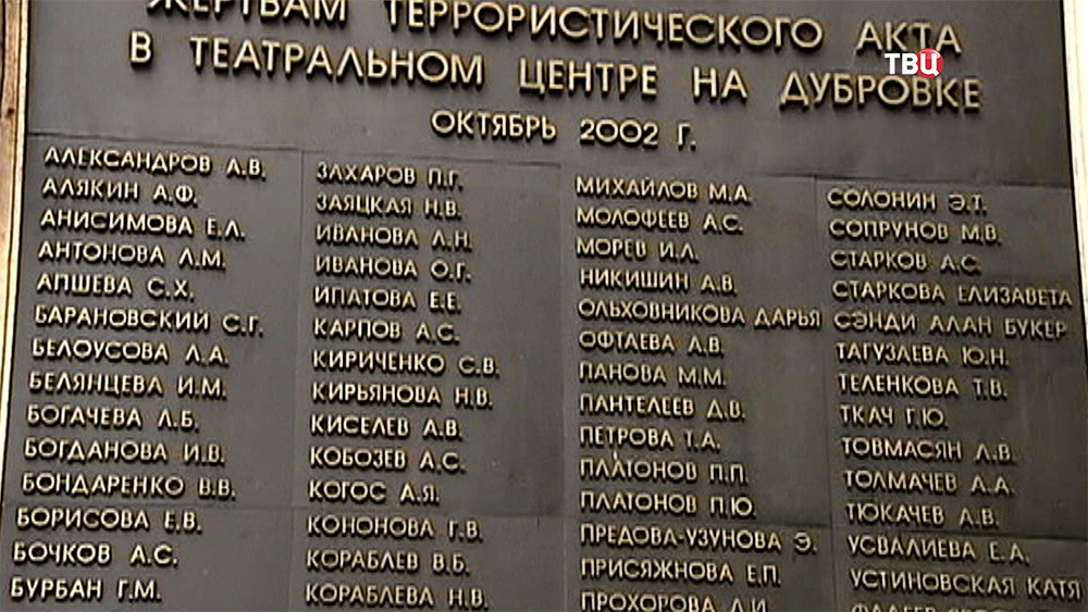 Мемориальная доска в память о жертвах теракта в театральном центре на Дубровке