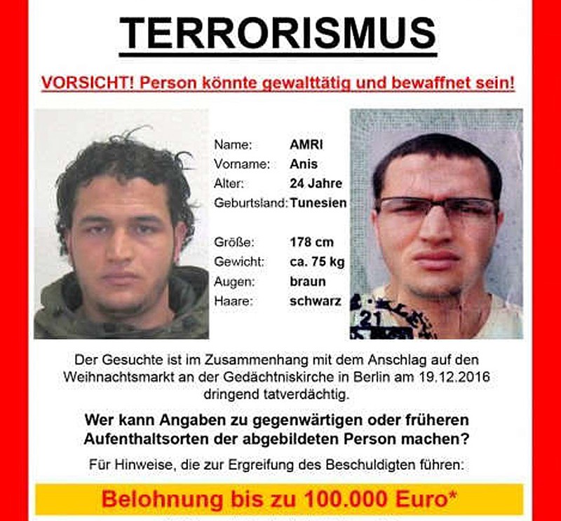 Розыск предполагаемого исполнителя теракта в Берлине Анис Амри 