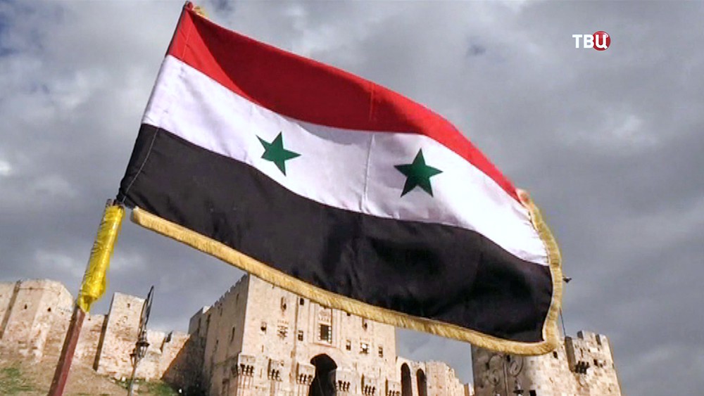 Флаг Сирии на фоне Цитадели в Алеппо