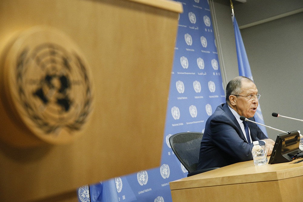 Глава МИД РФ Сергей Лавров на пресс-конференции в ООН