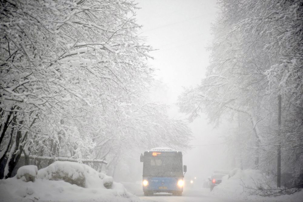 Общественный транспорт во время снегопада