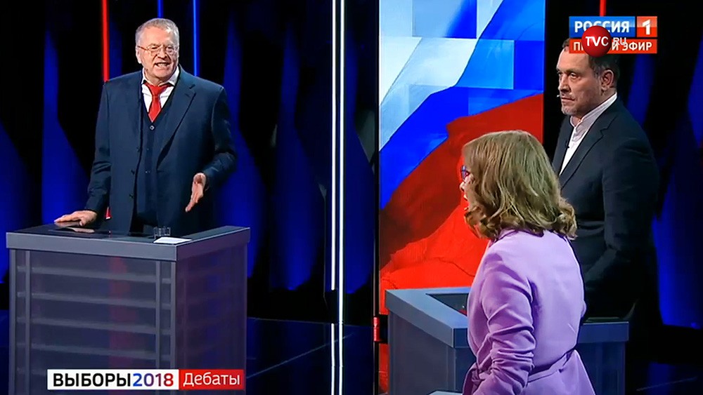 Владимир Жириновский и Ксения Собчак во время дебатов на телеканале "Россия1"  