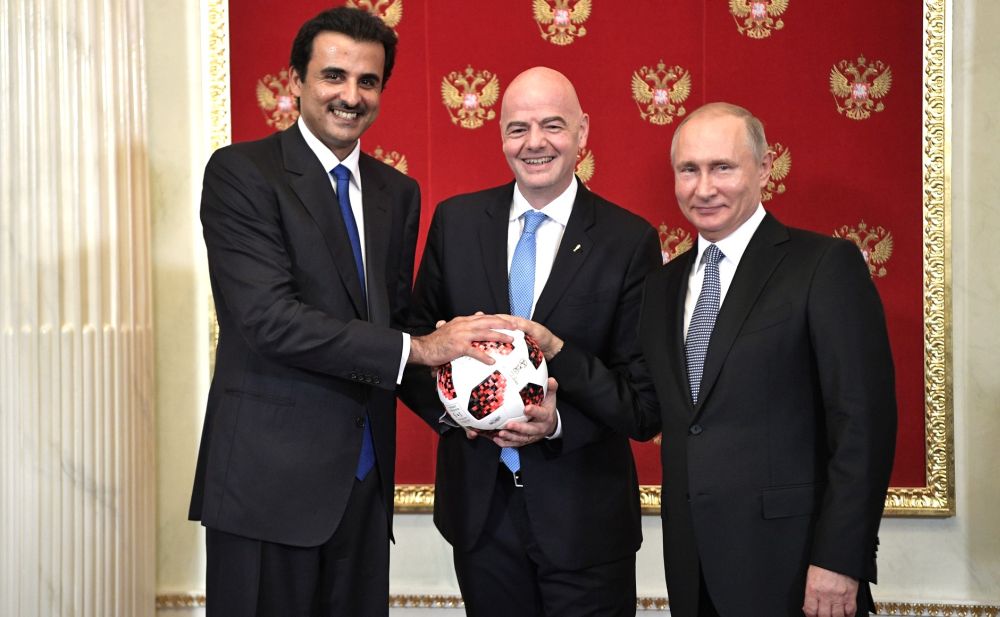 Эмир Катара Тамим Бен Хамад Аль Тани, президент ФИФА Джанни Инфантино и Владимир Путин