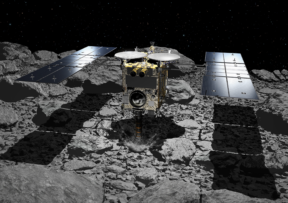 Зонд Хаябуса берет пробы с астероида Рюгу